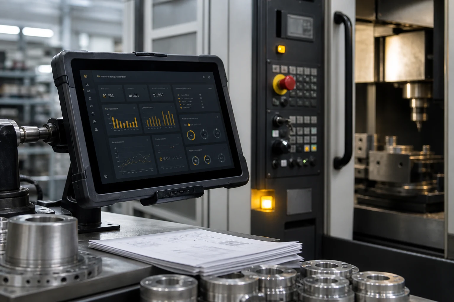 BDEHeld Produktionsübersicht auf einem robusten Tablet an einer CNC-Maschine