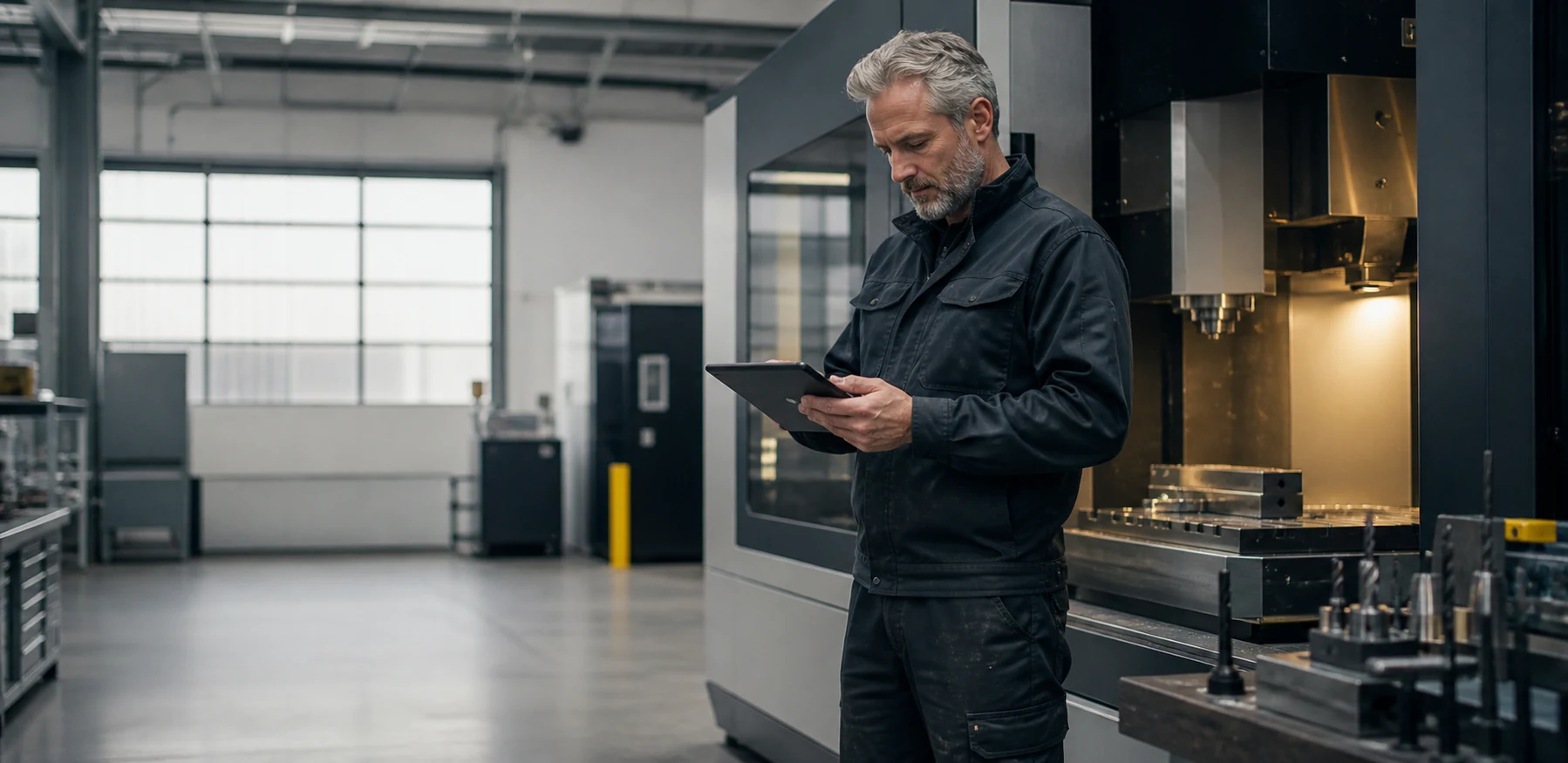 Produktionsmitarbeiter prüft Daten an einer modernen CNC-Maschine